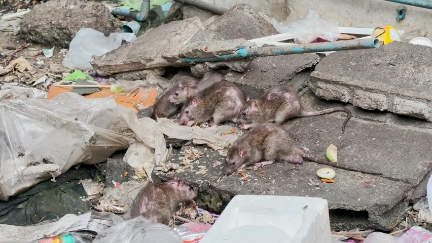 4K Group of rats scavenging for food in dirty garbage pile