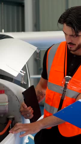 Young male aviation technician wearing a safety vest and using a digital tablet to perform pre flight maintenance checks on a small aircraft engine with a female colleague in a hangar