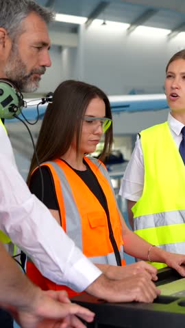 Young female aviation student wearing a high visibility vest and safety glasses receiving instructions from her experienced pilot teachers while standing together in an aircraft maintenance hangar