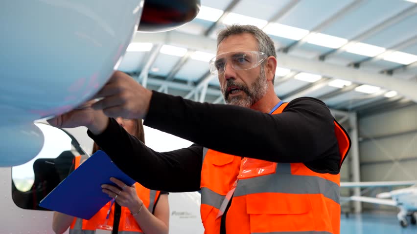 Male and female aerospace technicians wearing safety vests performing a pre flight inspection on a small aircraft propeller inside a hangar, with the woman taking notes on a clipboard