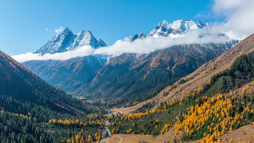 Aerial view of Siguniangshan in autumn, Sichuan in China.