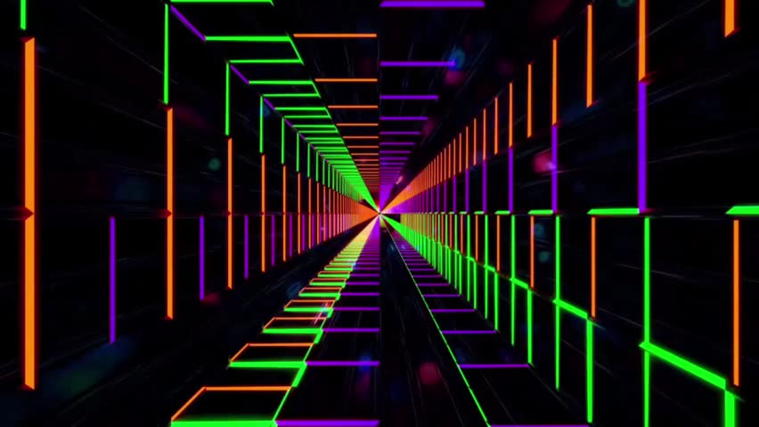 An endless rectangular hallway with vertical and horizontal neon lines lit in fluorescent green, orange, red, and purple. The second half transitions seamlessly into a dark, flickering server matrix hallway with a concentric green neon triangle structure in the center.