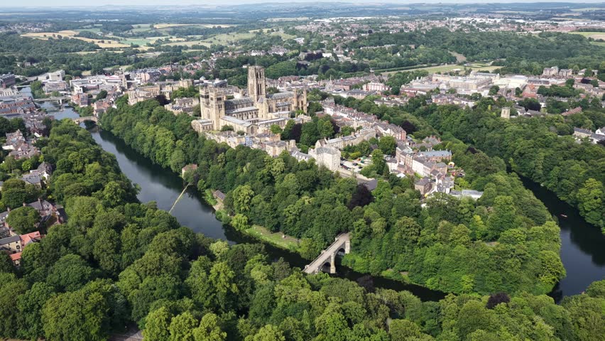 Durham Cathedral and the River Wear, County Durham, England, United Kingdom. Aerial view of the historic city, cathedral and UNESCO World Heritage landscape.