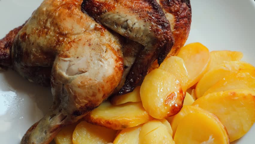 Close-up of a juicy roasted grilled chicken with crispy golden skin served with baked potatoes on a plate. Homemade cooking, comfort food and family meal concept. High quality 4k footage