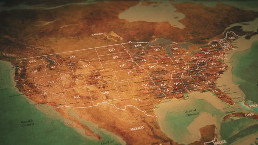 Stilized vintage map of USA United States of America with borders of states, 3d video animation
