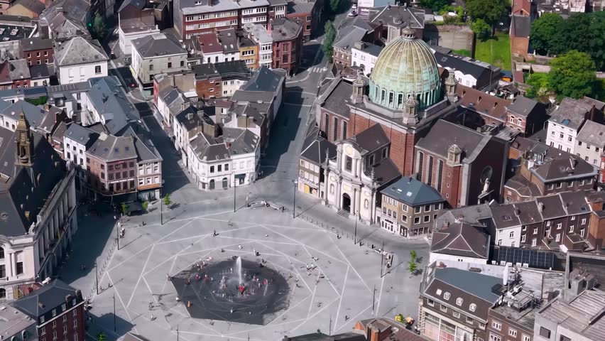 Aerial view of the old town and city Charleroi in Belgium on a sunny noon summer day 