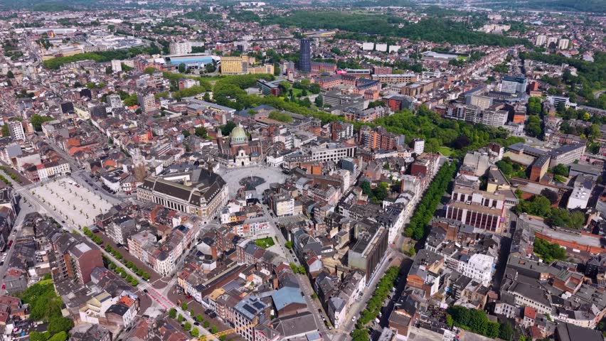 Aerial view of the old town and city Charleroi in Belgium on a sunny noon summer day 