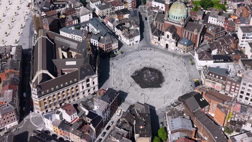 Aerial view of the old town and city Charleroi in Belgium on a sunny noon summer day 