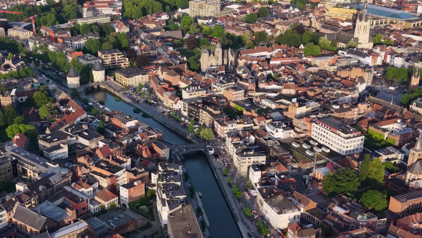 Aerial view of the old town and city Kortrijk in Belgium on a sunny afternoon summer day 