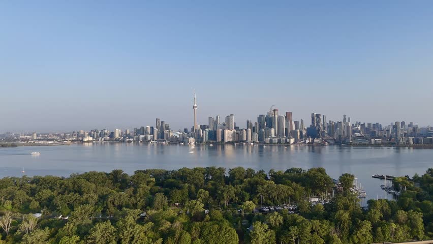 Toronto skyline with CN Tower, waterfront and Toronto Islands at Lake Ontario, aerial cityscape panorama, Canada. g.