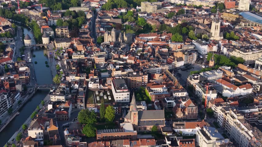 Aerial view of the old town and city Kortrijk in Belgium on a sunny afternoon summer day 