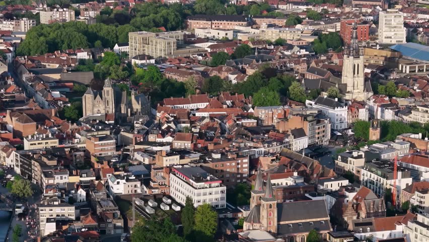 Aerial view of the old town and city Kortrijk in Belgium on a sunny afternoon summer day 
