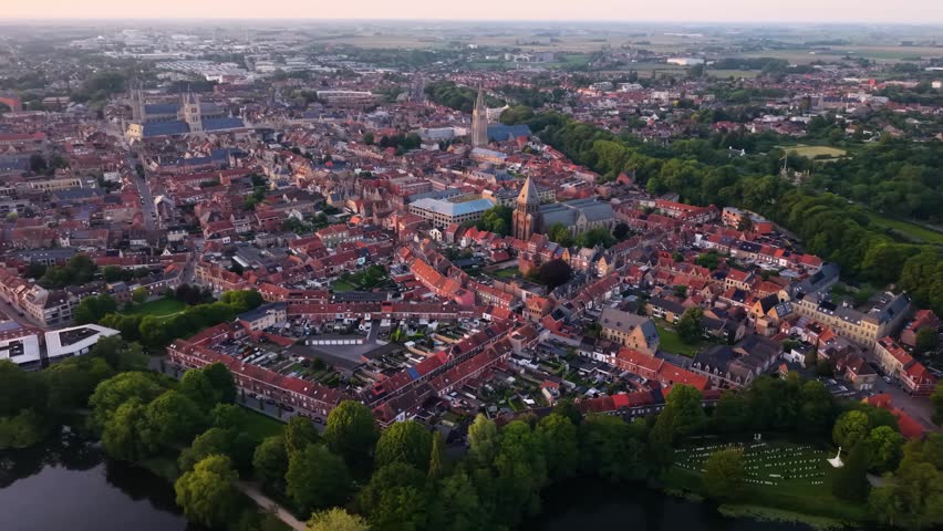  Aerial view of the old town and city Ypres in Belgium on a sunny afternoon summer day 