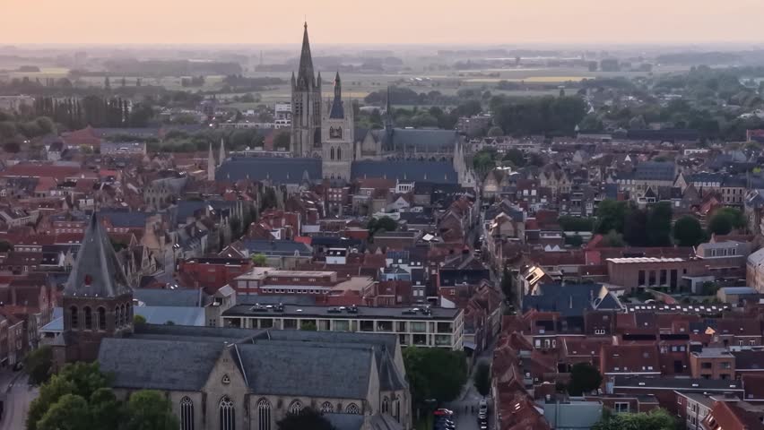  Aerial view of the old town and city Ypres in Belgium on a sunny afternoon summer day 