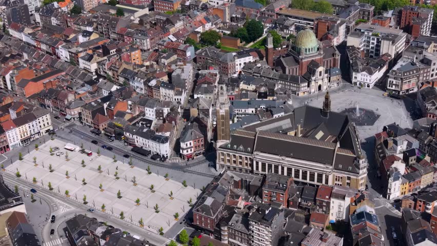 Aerial view of the old town and city Charleroi in Belgium on a sunny noon summer day 