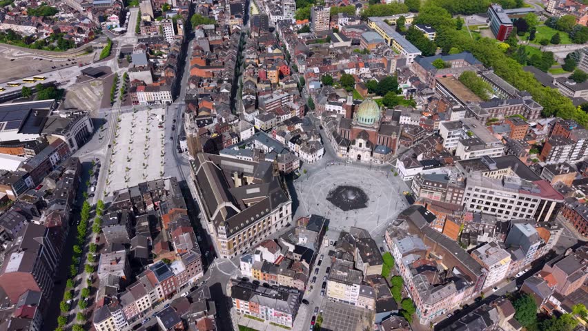 Aerial view of the old town and city Charleroi in Belgium on a sunny noon summer day 