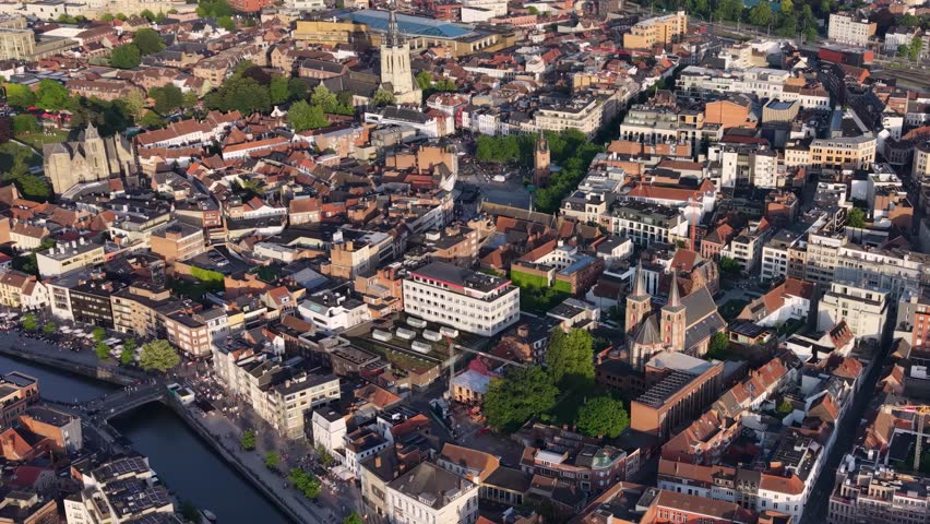 Aerial view of the old town and city Kortrijk in Belgium on a sunny noon summer day 