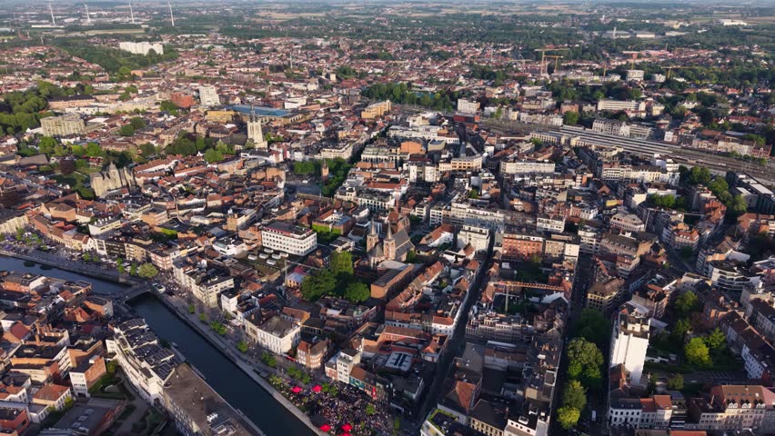 Aerial view of the old town and city Kortrijk in Belgium on a sunny noon summer day 