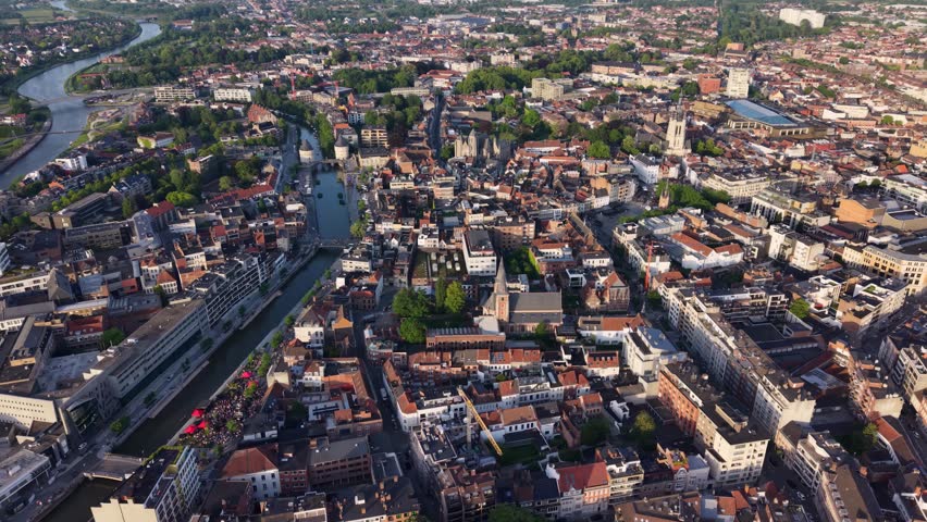 Aerial view of the old town and city Kortrijk in Belgium on a sunny noon summer day 