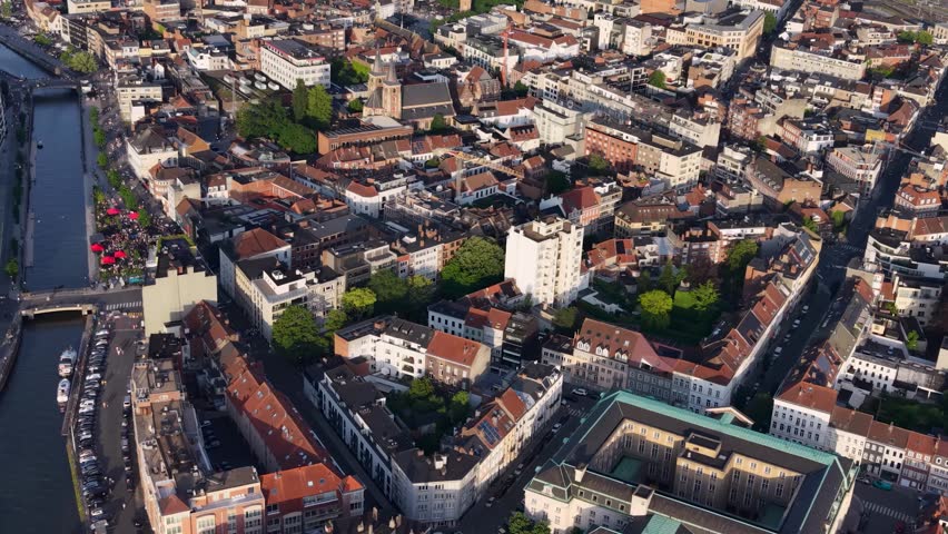 Aerial view of the old town and city Kortrijk in Belgium on a sunny noon summer day 