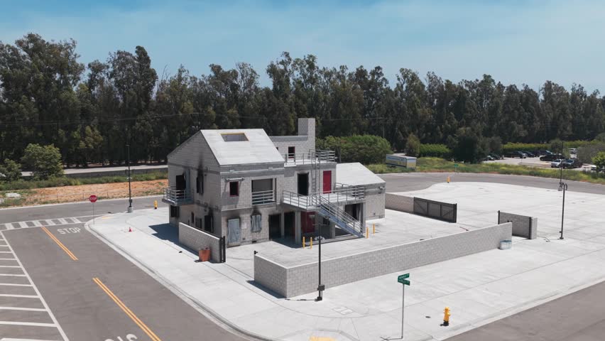 Aerial low close-up shot of a burn building used for firefighter training in Ventura County, California. 4K