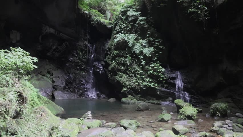 Mystical Forest Oasis - Shaded Twin Falls Inside a Giant Natural Rock Cave