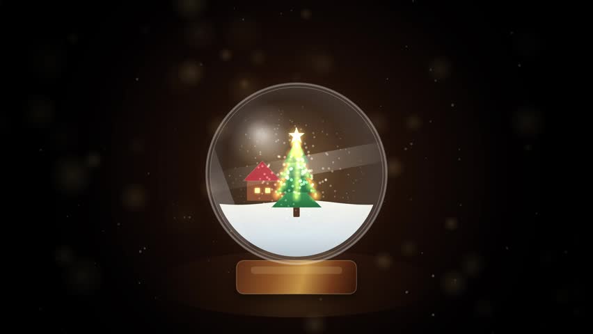 A festive animated snow globe with a Christmas tree and house inside