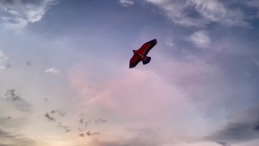 Bird-Shaped Kite Flying Peacefully in Twilight Sky Before Sunset.