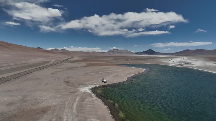 Atacama Desert, Chile. Car on the road. Aerial view by drone.