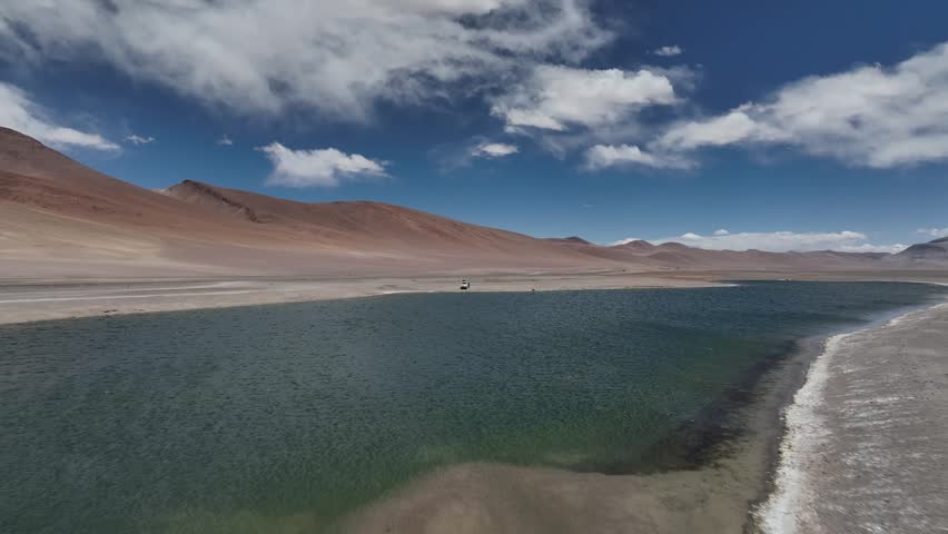 Atacama Desert, Chile. Car on the road. Aerial view by drone.