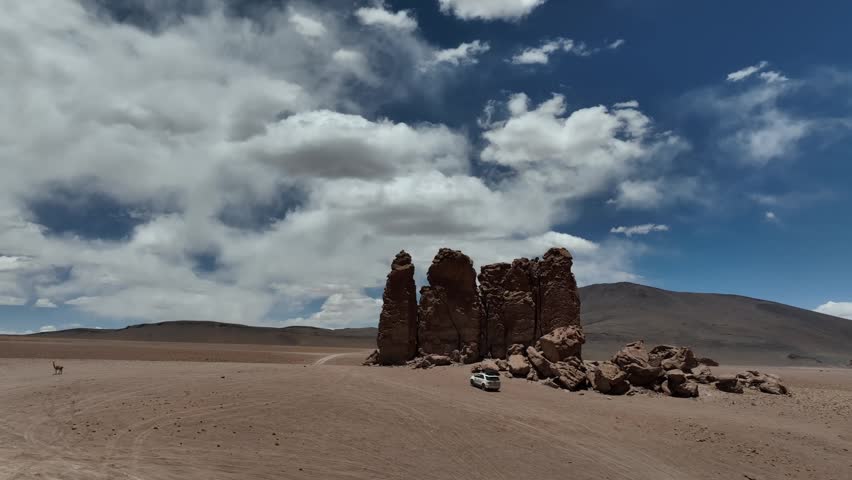 Atacama Desert, Chile. Car on the road. Aerial view by drone.