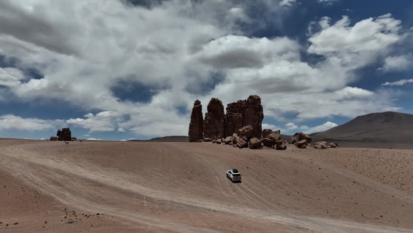 Atacama Desert, Chile. Car on the road. Aerial view by drone.