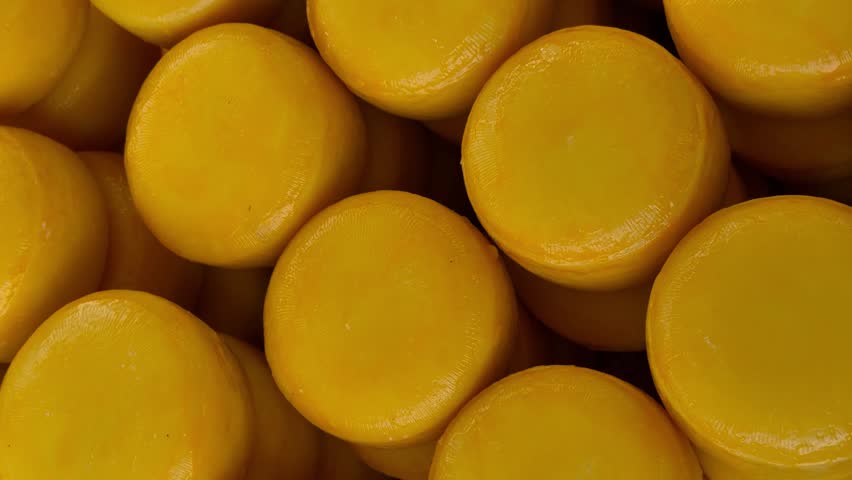 Various types of cheese on display at the Cheese Market (Kaasmarkt Alkmaar) on Waagplein Square, Alkmaar, Netherlands, May 15, 2026. High quality 4k footage