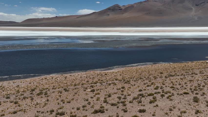 Atacama Desert, Chile. Car on the road. Aerial view by drone.