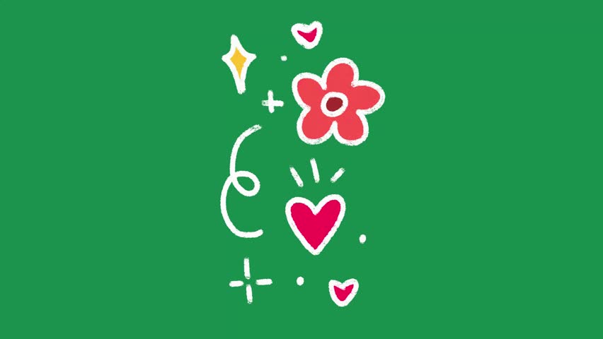 Hand Drawn Swirling Red Flower and Heart Animation on Green Screen Overlay