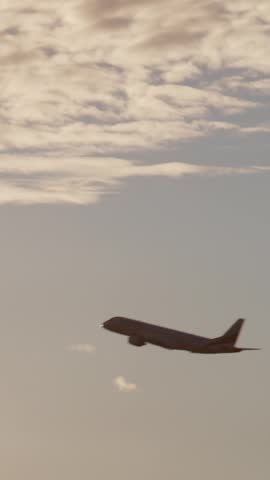 Vertical footage of airplane flying in the bright light of golden sun against the sunset cloudy sky