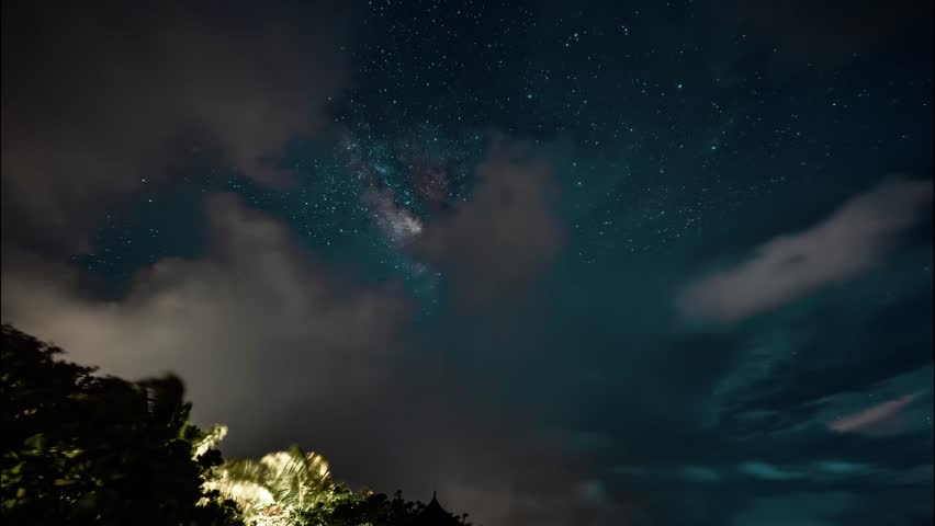 Timelapse of the Milky way core amazing view, galaxy background Night Sky Milky Way on Maldives. Gorgeous night landscape with bright Milky Way. Picturesque astrophotography with constellations.