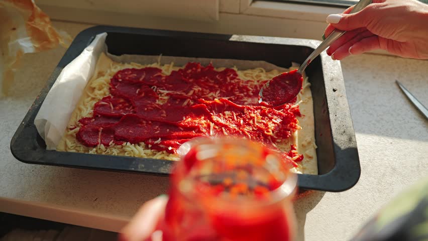Hands carefully spread rich tomato sauce over shredded cheese before baking