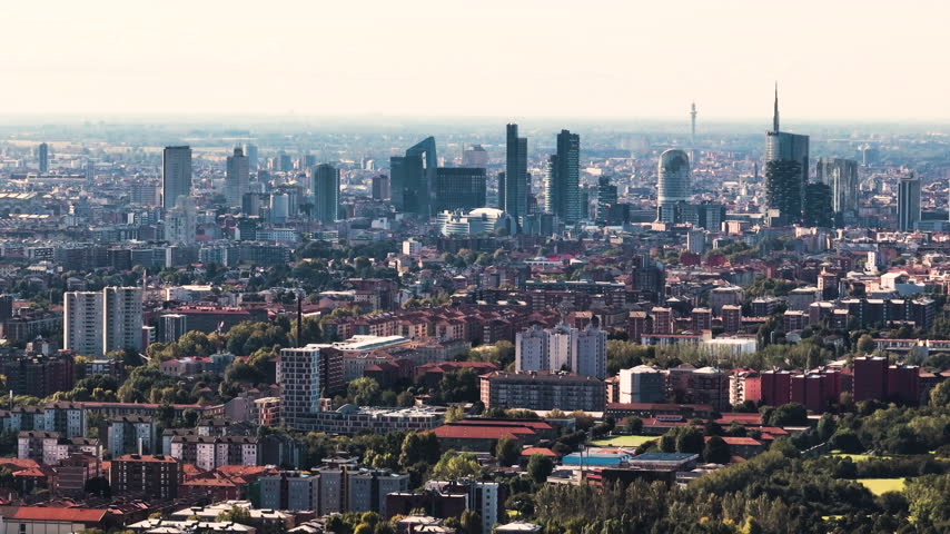 Aerial view of downtown skyscrapers in Milan Italy