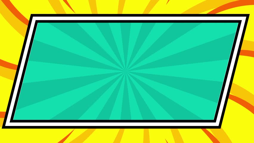 A comic-style banner featuring a bold teal rectangular frame on a yellow sunburst background for battle or competition display