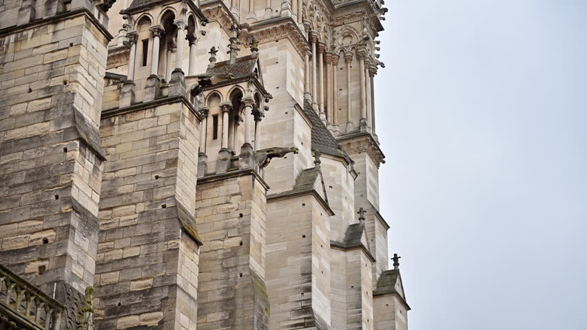 Close-up of weathered Gothic stonework, gargoyles and buttresses on the side of Notre-Dame Cathedral, Ile de la Cite, Paris, France.