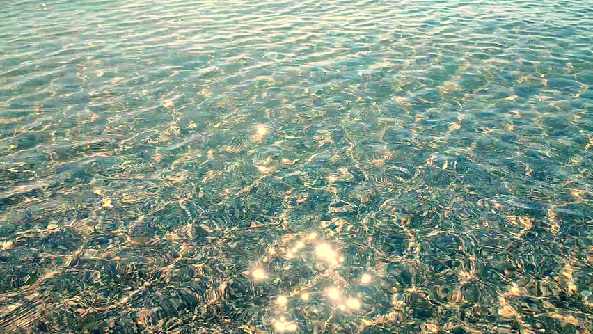 Clean transparent water on shallow sandy seashore with shells with shells on sunny summer day. Sun glare on surface of water. Small waves on sea coast. Nature backdrop. Natural background.