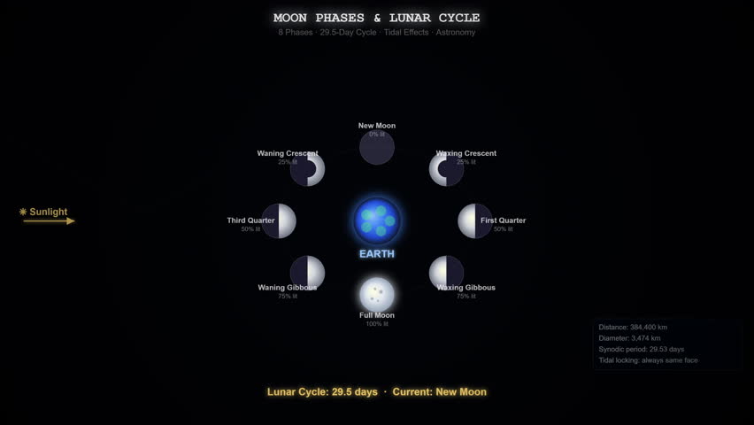 Moon phases animation showing complete lunar cycle from new moon to full moon