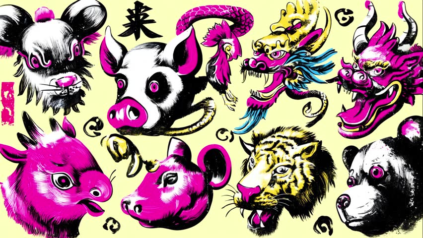Animated collage of illustrated zodiac animal heads including a pig, dragon, bull, and other stylized creatures arranged in a dense graphic layout. The palette is high contrast with black linework, neon pink areas, and bright yellow accents over a light background, with a pop-art and street-art drawing style. Bold outlines, simplified shapes, and layered placement make the zodiac icons stand out as repeating motifs. Works as a looping video background for event screens and digital displays.