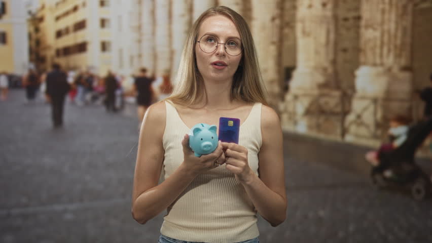 Young caucasian blonde woman holding blue piggy bank and purple creditcard, hands visible and pouting while looking up on a street with stone buildings; savings dilemma frustration.