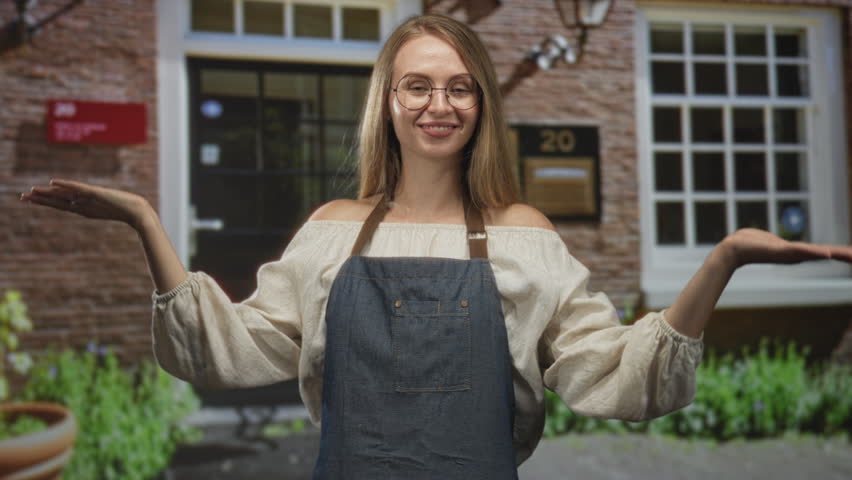 Woman wearing apron gestures palms up showing storefront building entrance with warm smile; friendly welcome.