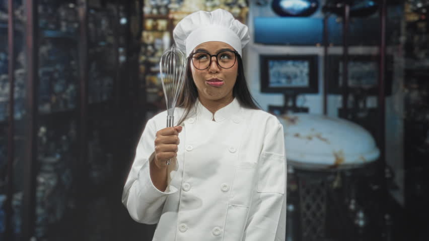 Young woman chef holding whisk, puckering lips in studio, wearing chef jacket and toque; playfulness.