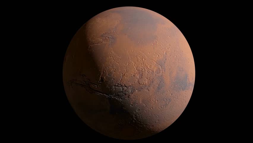 Spinning planet mars on dark Planet mars sun rise isolate on dark front view of Mars planet from space full 3d view of Mars 4k resolution