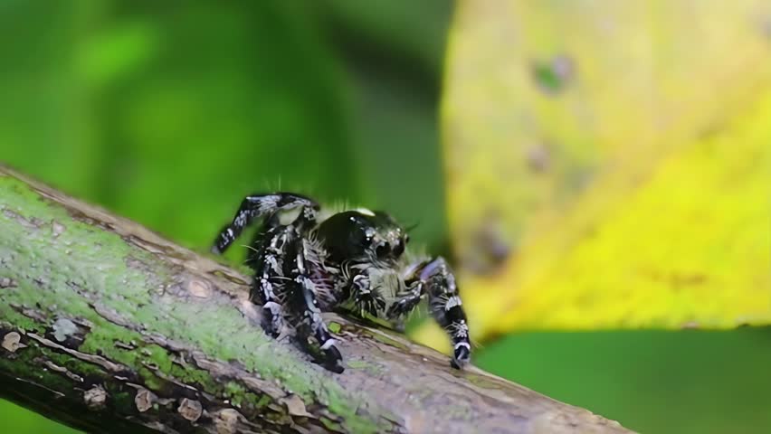 4K close up video of a large jumping spider (family Salticidae) perched on a citrus tree branch, displaying sharp eyesight, alert posture, and impressive hunting abilities. This active daytime predator relies on excellent vision and powerful jumps to capture small insects without using a web. The macro footage highlights the intricate body patterns, curious behavior, and ecological importance of this beneficial spider in tropical garden and orchard ecosystems.