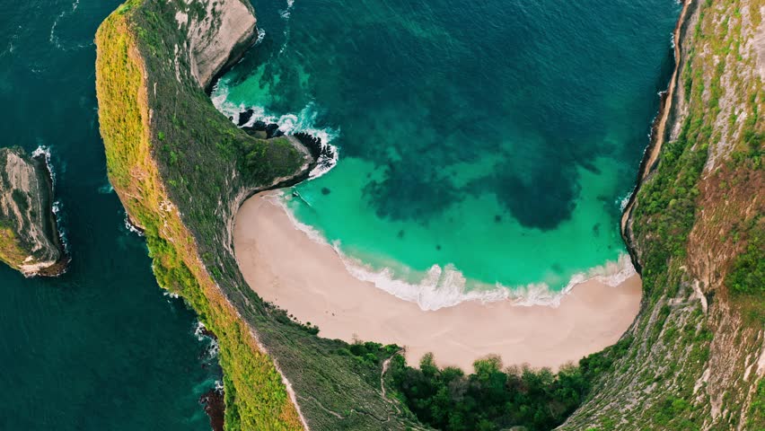 Stunning aerial view of Kelingking Beach on Nusa Penida, Bali, Indonesia